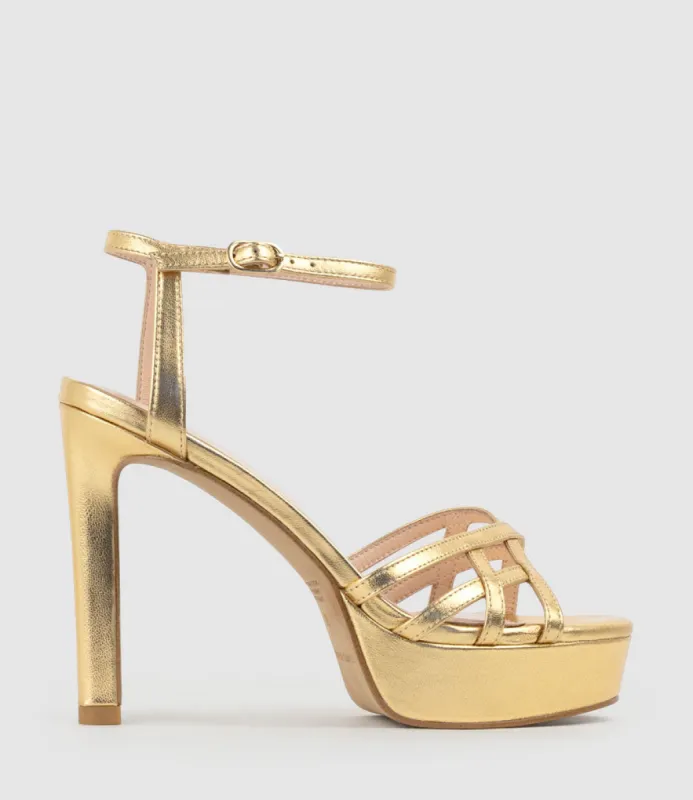 SAMI110 Lattice Front Platform Sandal in Aged Gold sold by Edward Meller