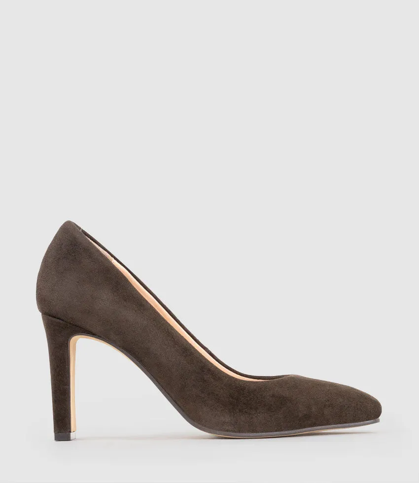 BROOKLYN85 Square Toe Pump in Chocolate Suede sold by Edward Meller