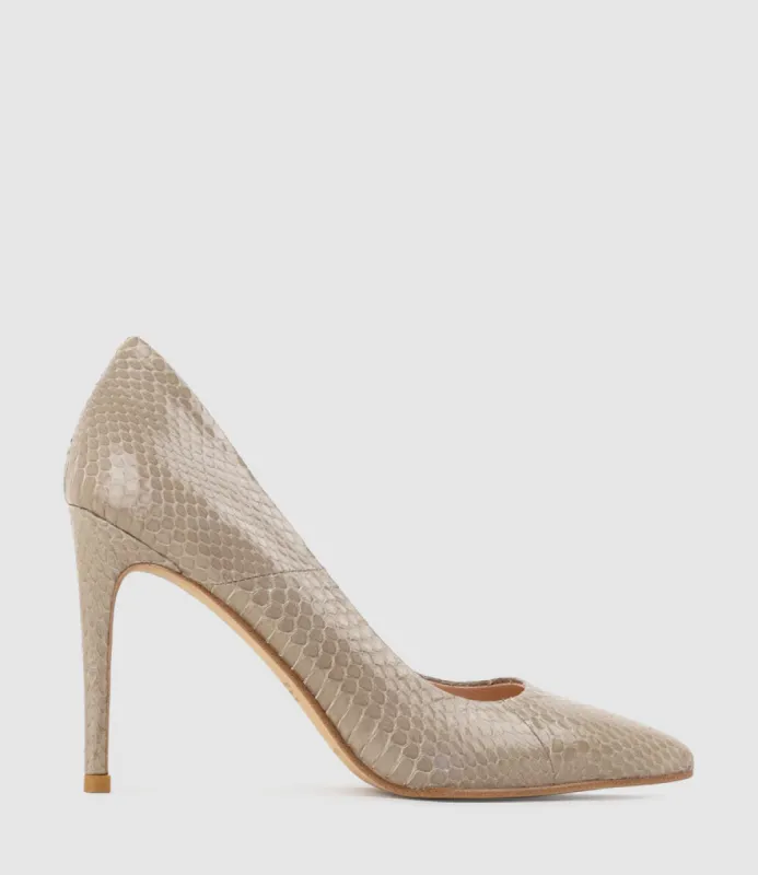 GAGA 100mm Pointed Toe Pump in Taupe Snake sold by Edward Meller