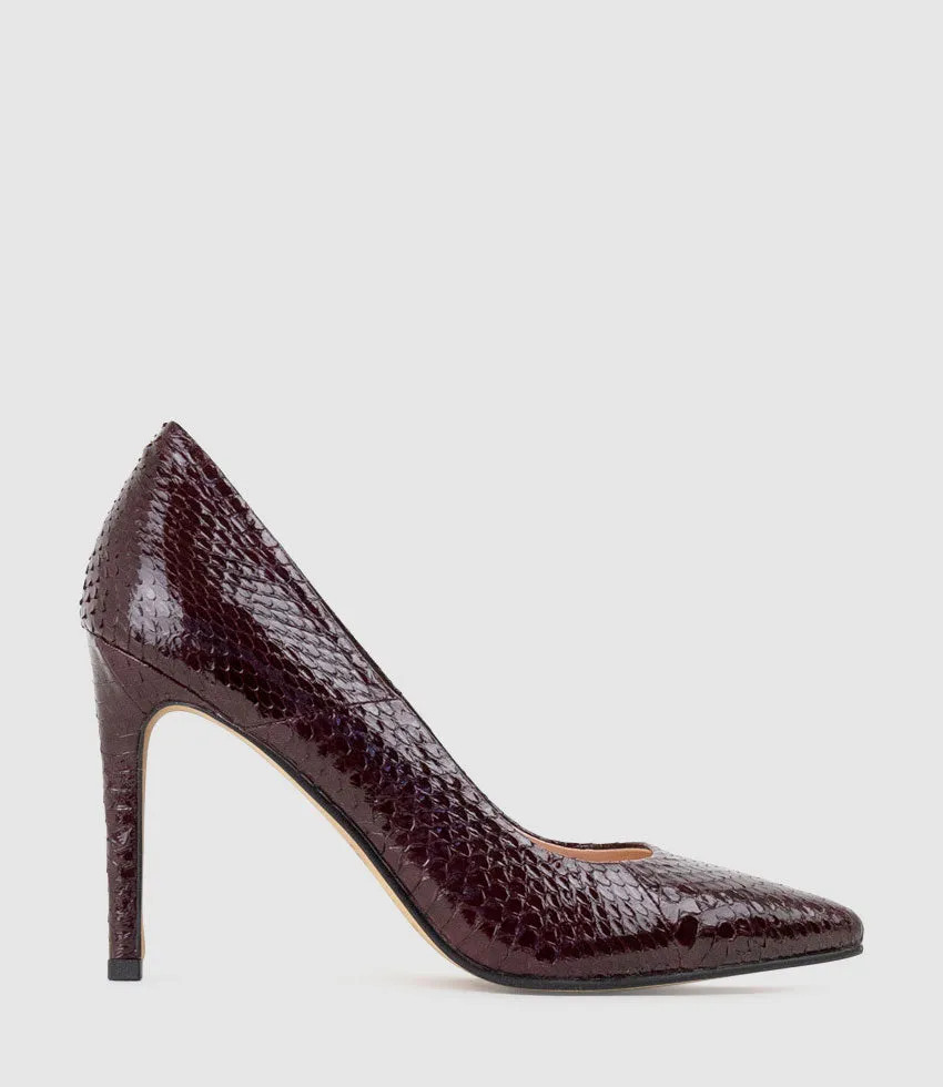 GAGA 100mm Pointed Toe Pump in Wine Snake sold by Edward Meller