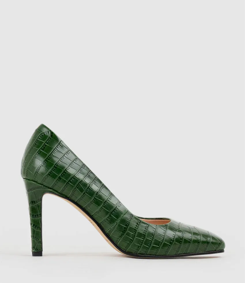 BROOKLYN85 Square Toe Pump in Green Croc sold by Edward Meller
