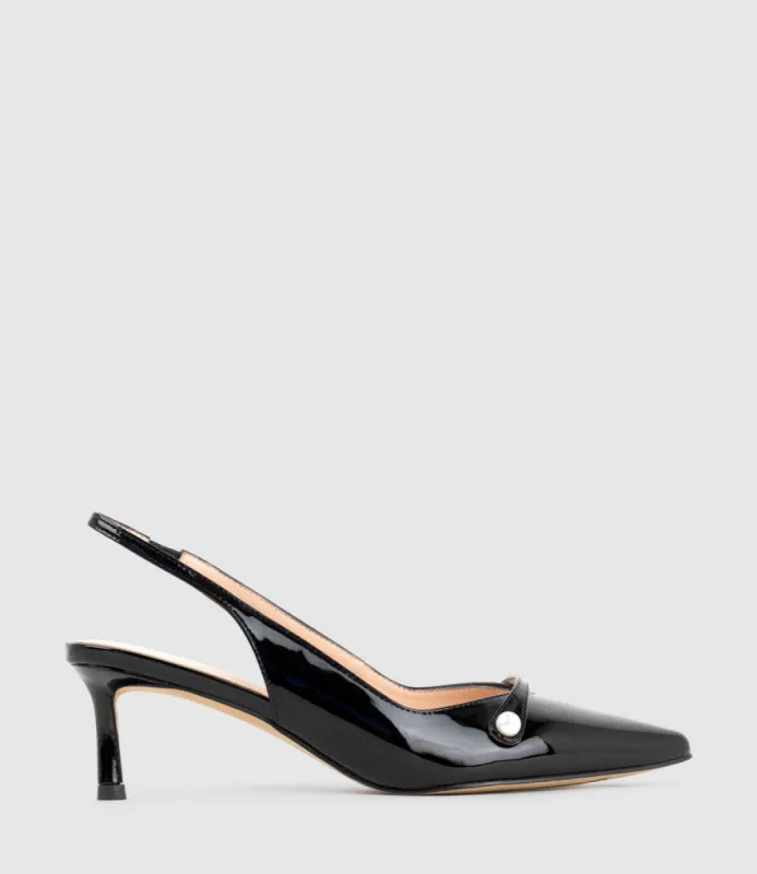 DIVINE55 Slingback Pump with Pearl in Black Patent sold by Edward Meller