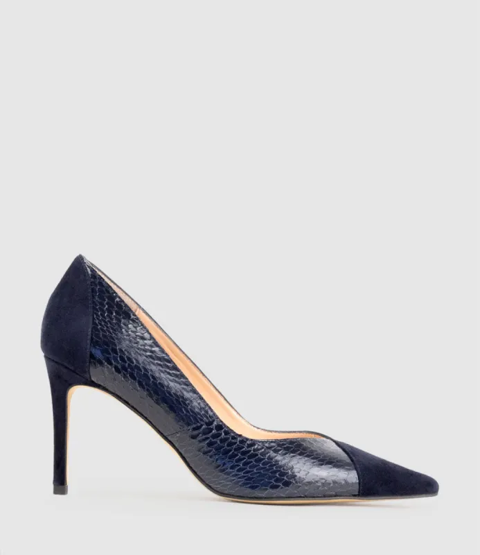 ATIYA85 Mixed Material Pump in Navy Suede sold by Edward Meller