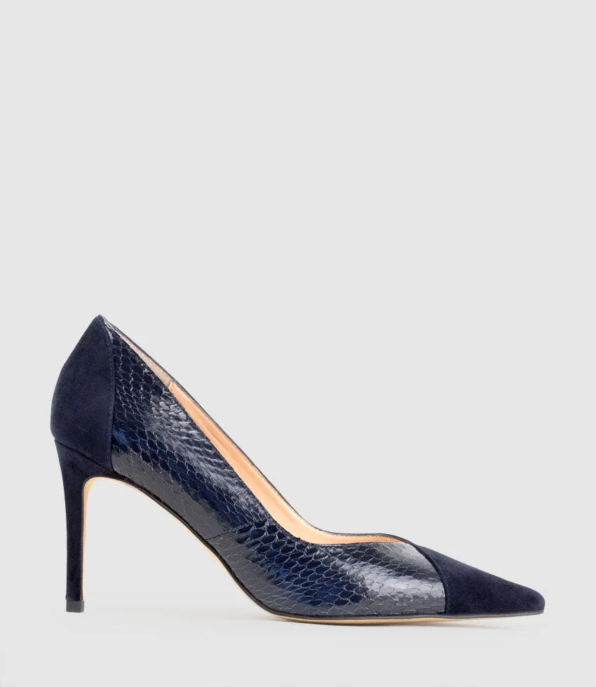 ATIYA85 Mixed Material Pump in Navy Suede sold by Edward Meller