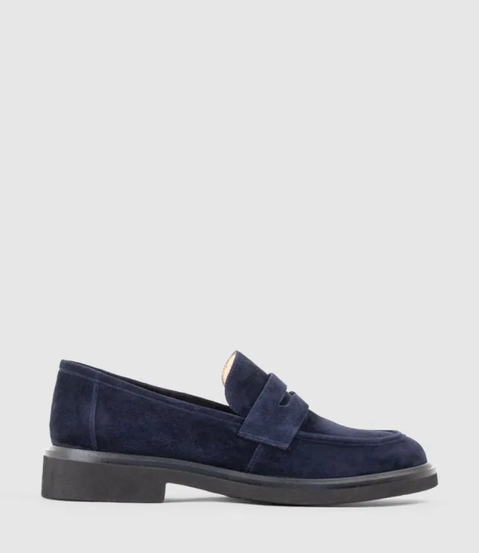 GALIA Loafer with Keeper in Navy Suede sold by Edward Meller