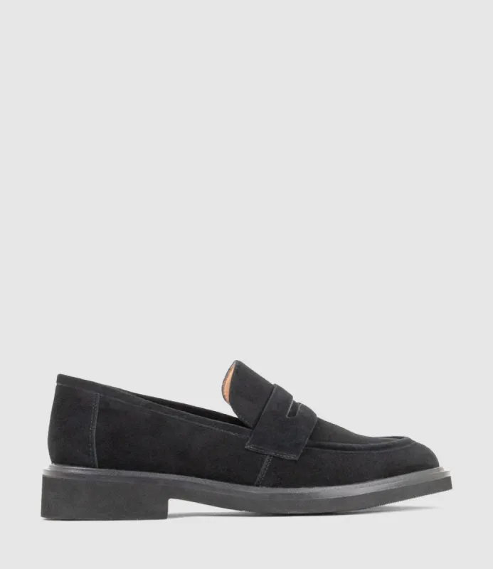 GALIA Loafer with Keeper in Black Suede sold by Edward Meller