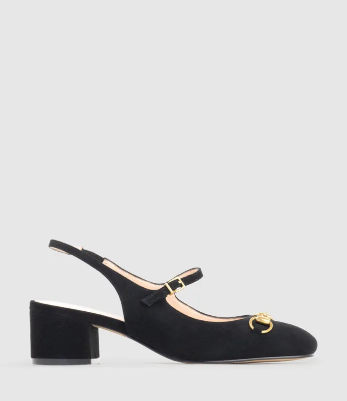 DESIRE45 Mary Jane Slingback Pump in Black Suede sold by Edward Meller