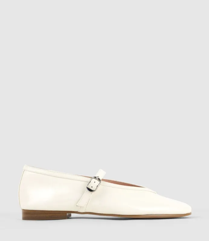 FLAVIA Choked Up Ballet with Strap in Bone Crinkle Patent sold by Edward Meller