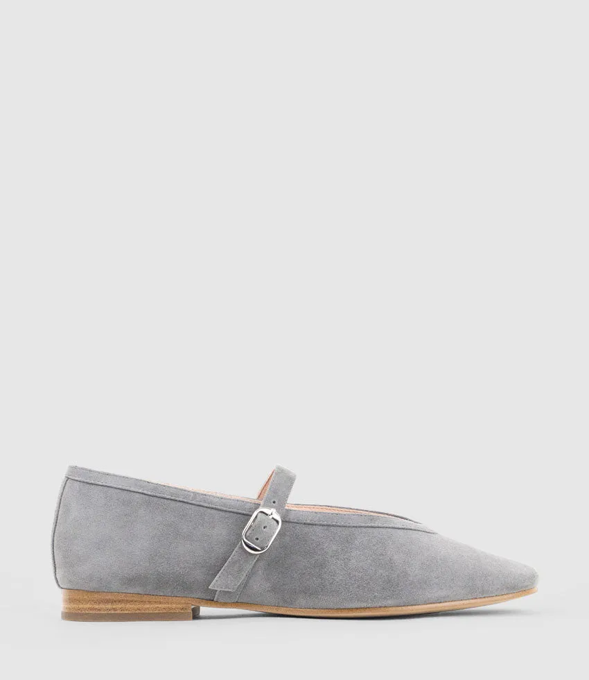 FLAVIA Choked Up Ballet with Strap in Grey Suede sold by Edward Meller