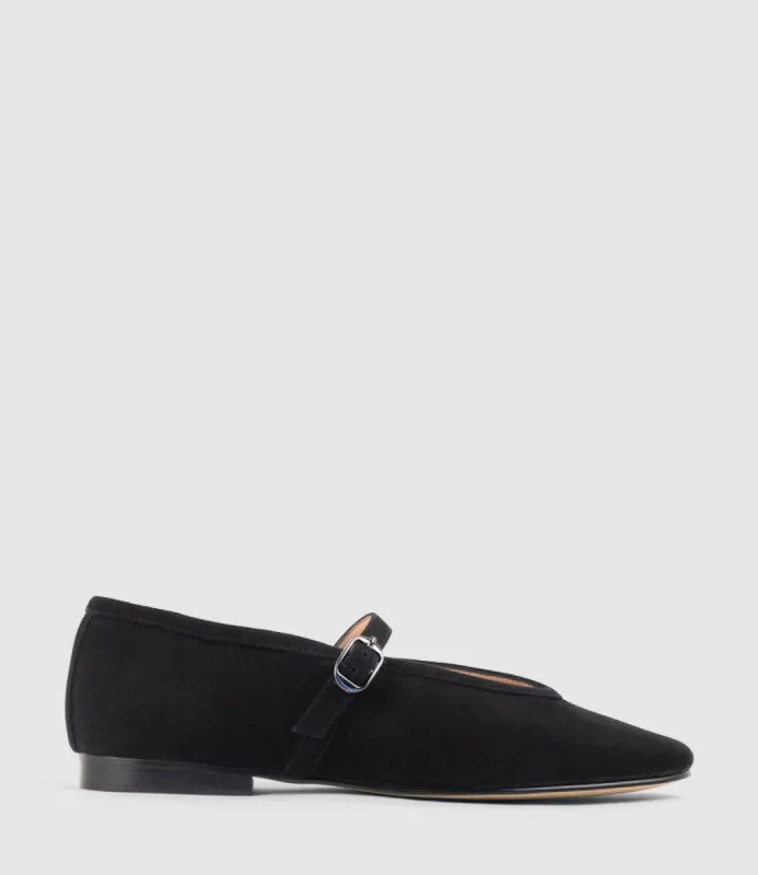 FLAVIA Choked Up Ballet with Strap in Black Suede sold by Edward Meller