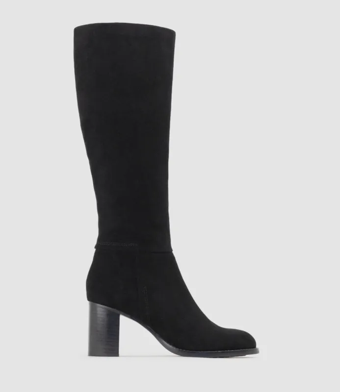 VISAM70 Block Heel Knee High Boot in Black Suede sold by Edward Meller