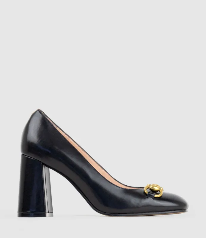 BAILEY85 Block Heel Pump with Trim in Black Calf sold by Edward Meller