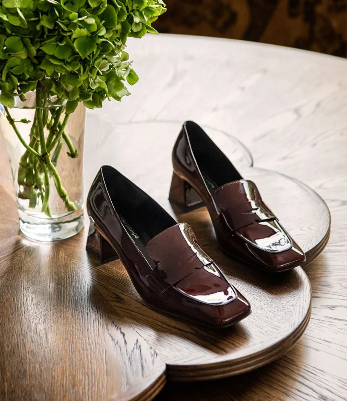 HARRIET45 Loafer on Heel in Wine Patent sold by Edward Meller