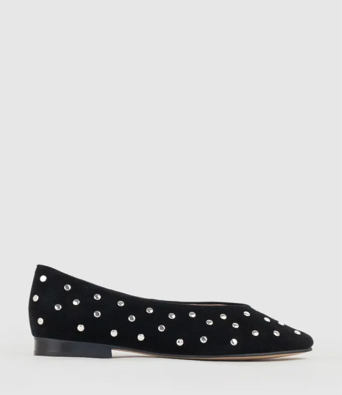 FALDA Studded Ballet in Black Suede sold by Edward Meller