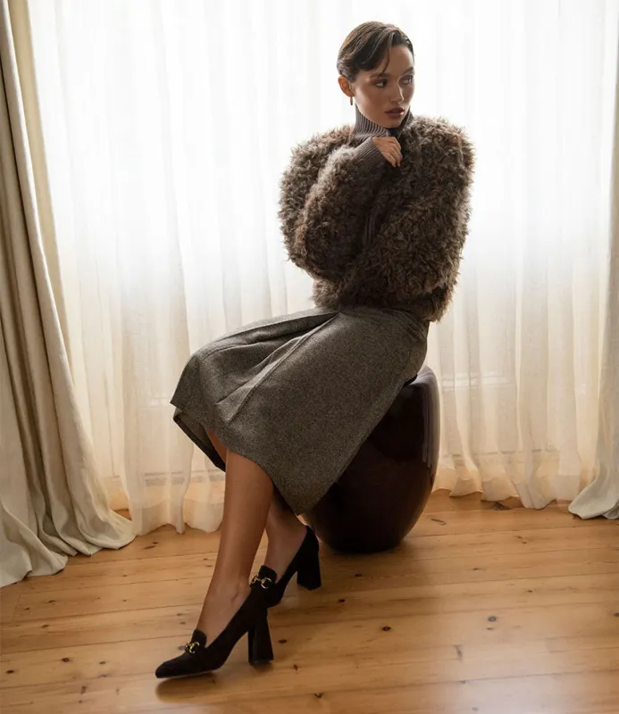 HADLEY85 Heeled Loafer in Chocolate Suede sold by Edward Meller