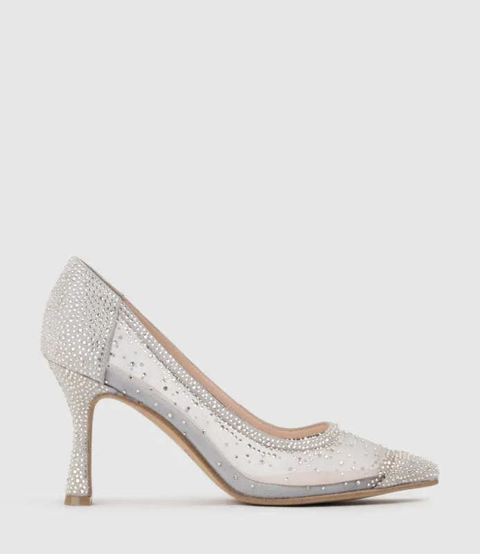 AZRA85 Crystal Mesh Pump in Silver Suede sold by Edward Meller