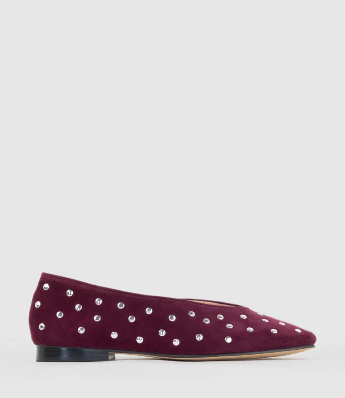 FALDA Studded Ballet in Plum Suede sold by Edward Meller