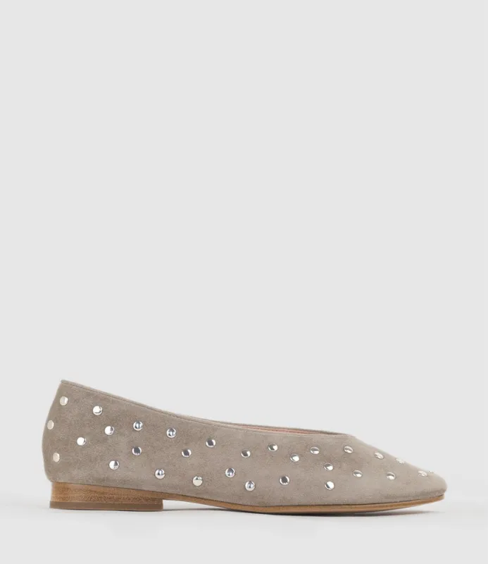 FALDA Studded Ballet in Taupe Suede sold by Edward Meller