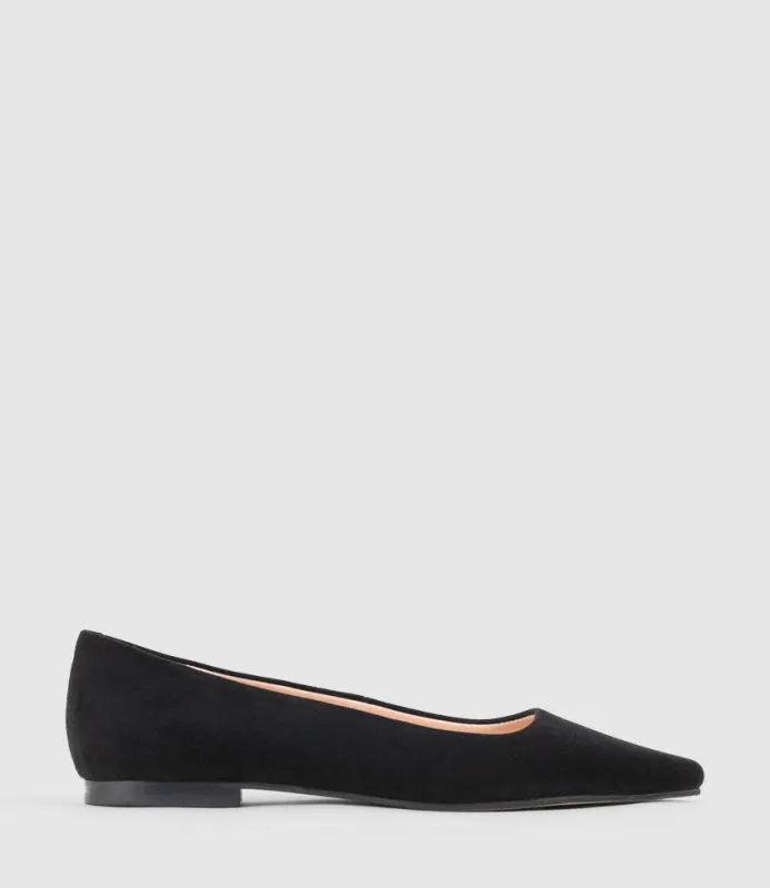 ELVY Chiselled Flat Pump in Black Suede sold by Edward Meller