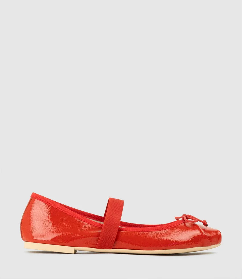 EFFIE Ruched Ballet with Strap in Red Patent sold by Edward Meller