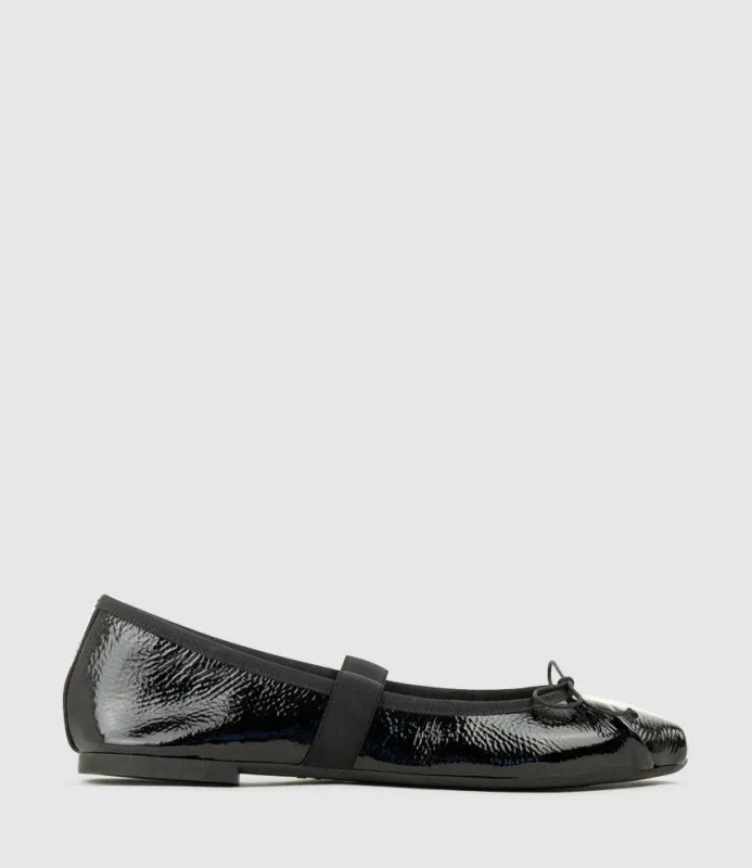 EFFIE Ruched Ballet with Strap in Black Patent sold by Edward Meller