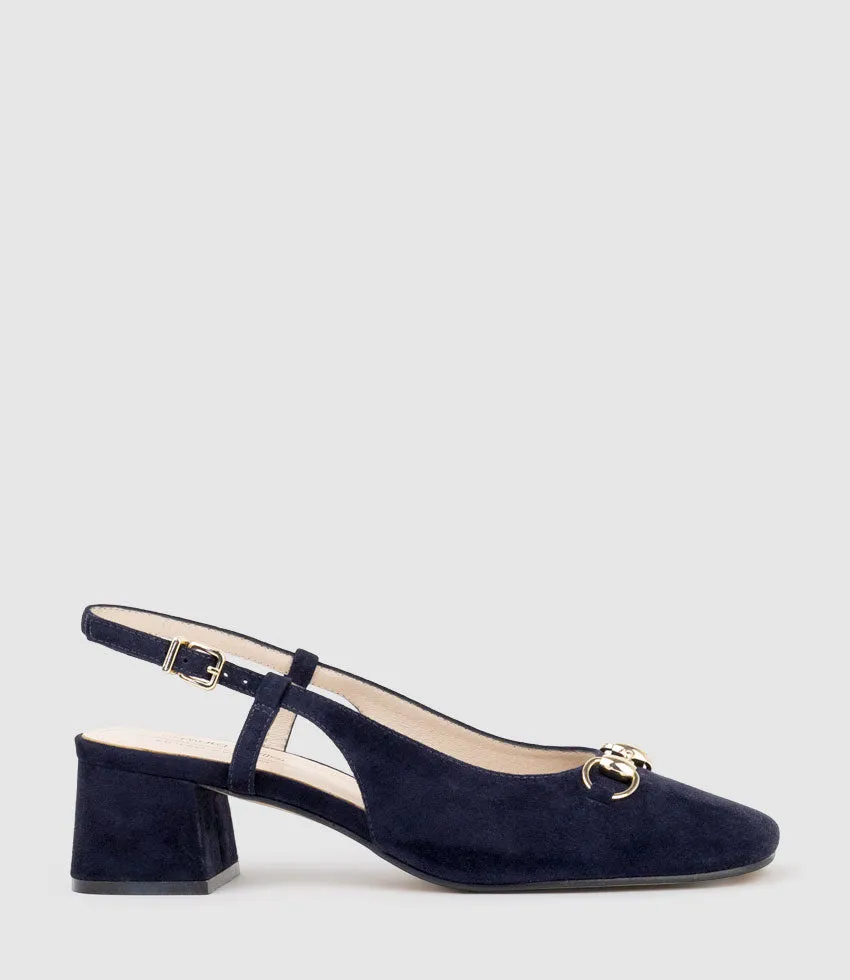 CLEMENTINE45 Closed Toe Sling with Hardware in Navy Suede sold by Edward Meller