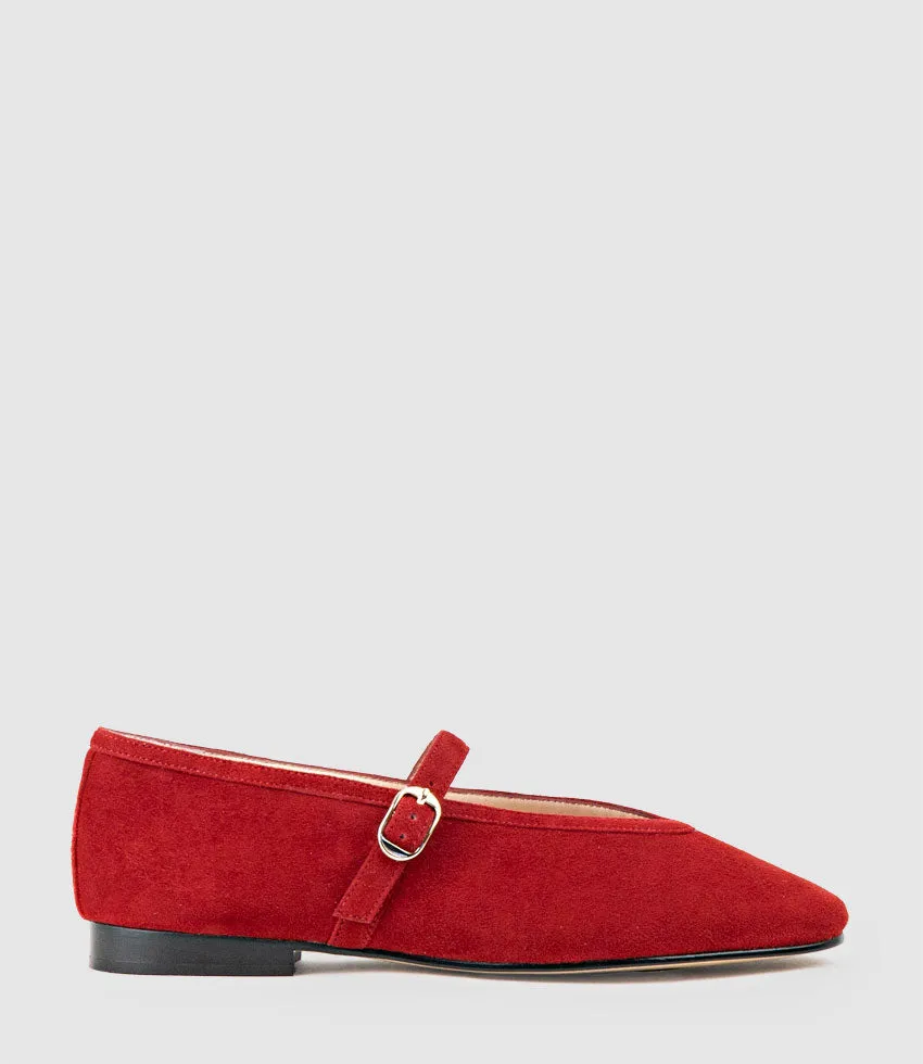 FLAVIA Choked Up Ballet with Strap in Cherry Suede sold by Edward Meller