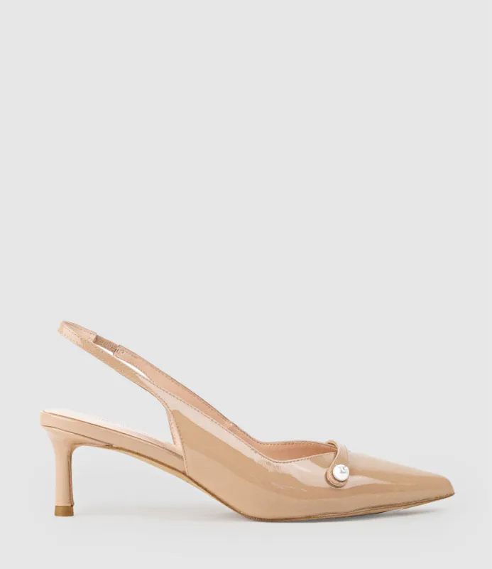 DIVINE55 Slingback Pump with Pearl in Nude Patent sold by Edward Meller