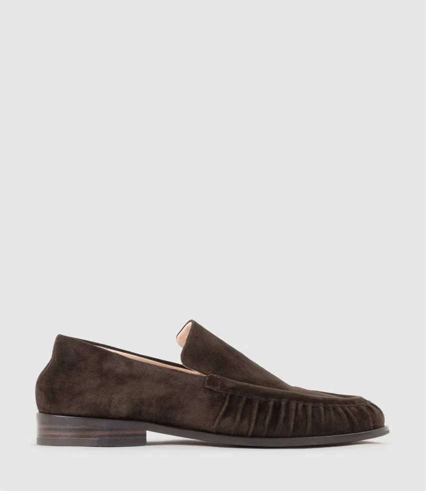HAVEN Ruched Loafer in Chocolate Suede sold by Edward Meller