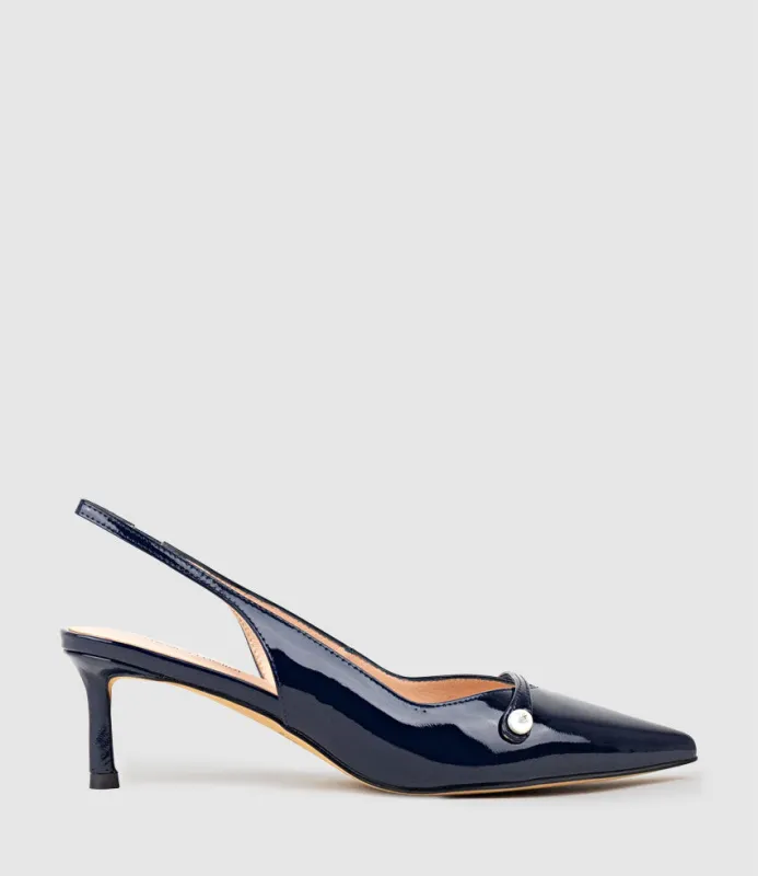 DIVINE55 Slingback Pump with Pearl in Navy Patent sold by Edward Meller