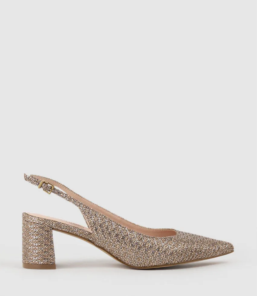 BARI55 Block Heel Slingback Pump in Copper Metallic Fabric sold by Edward Meller