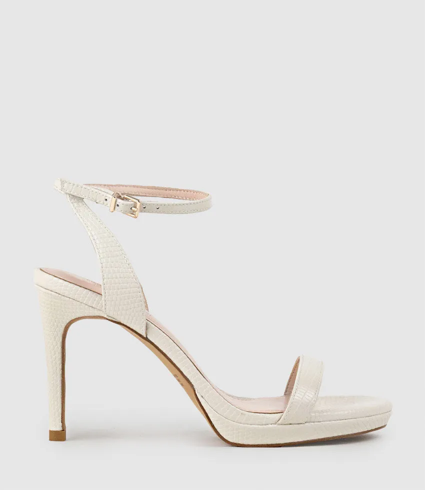 WHISPER90 Single Strap Platform Sandal in Offwhite Tejus Lizard Print sold by Edward Meller