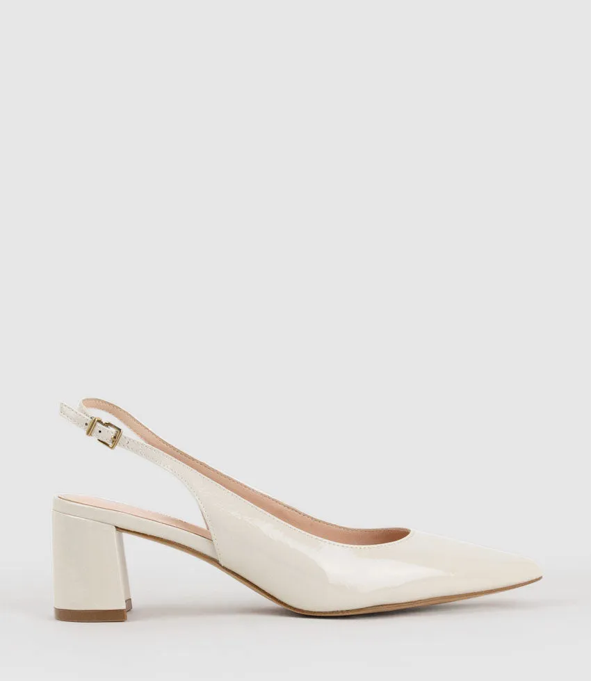 BARI55 Block Heel Slingback Pump in Offwhite Patent sold by Edward Meller