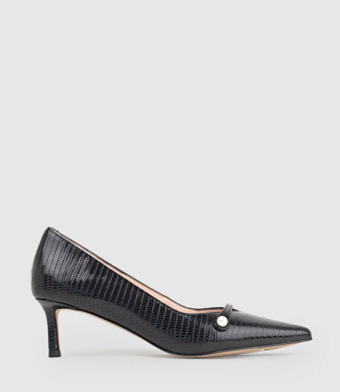 AVERE55 Choked Pump in Black Tejus Lizard Print sold by Edward Meller