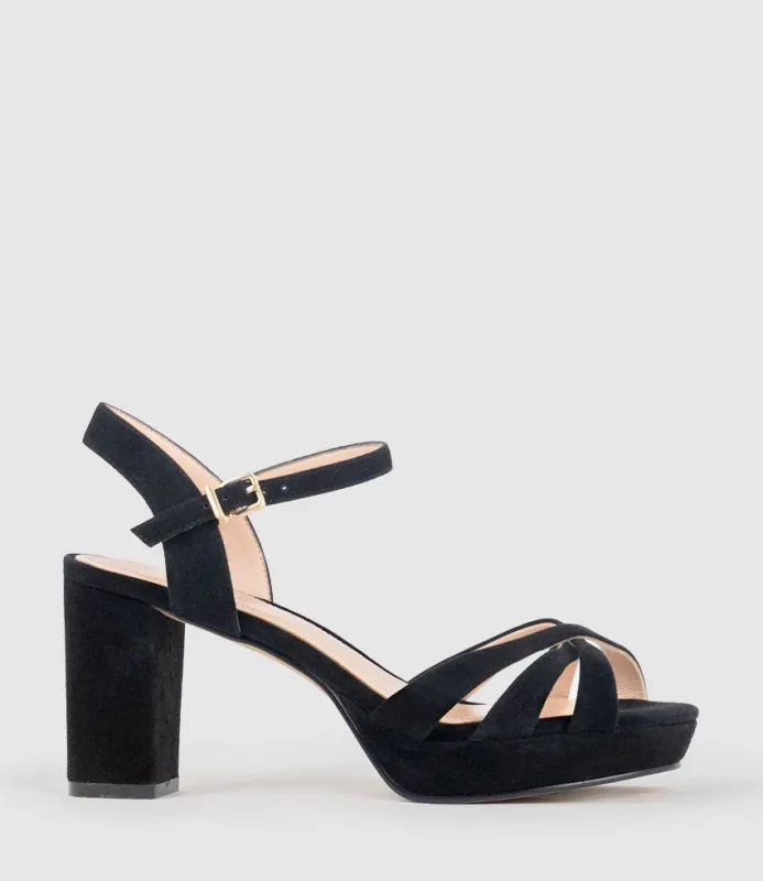 RYLIN80 Multistrap Platform Sandal in Black Suede sold by Edward Meller