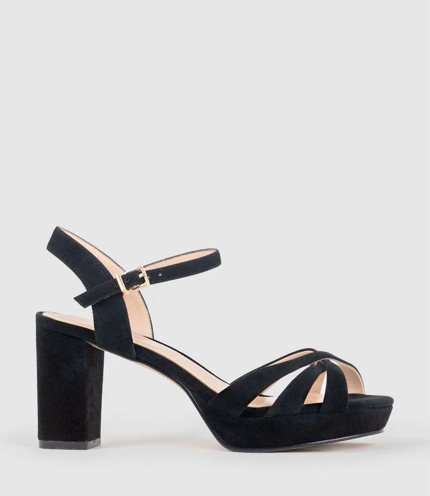 RYLIN80 Multistrap Platform Sandal in Black Suede sold by Edward Meller