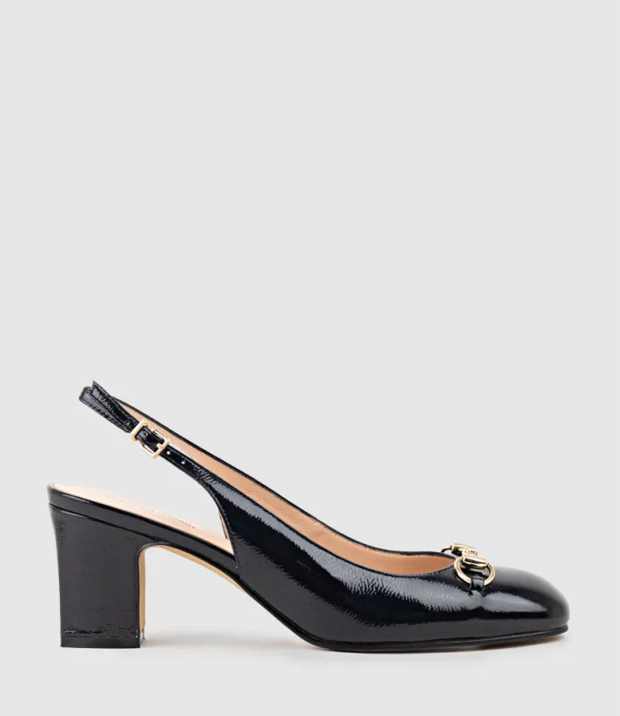 CAMILLE65 Slingback Pump with Trim in Navy Patent sold by Edward Meller