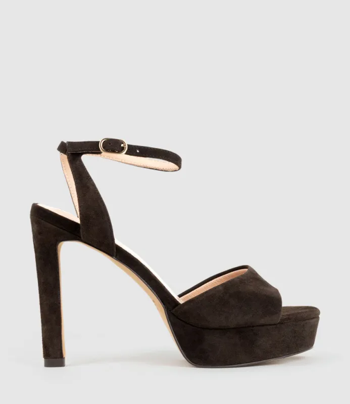SELMA110 Open Toe Platform Sandal in Chocolate Suede sold by Edward Meller
