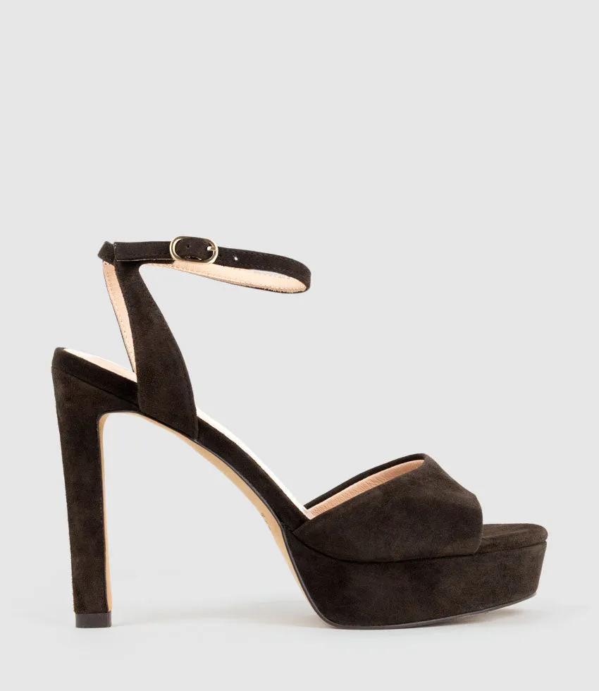 SELMA110 Open Toe Platform Sandal in Chocolate Suede sold by Edward Meller