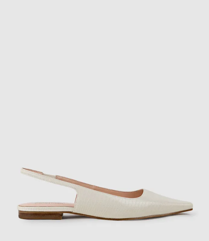 ELIANA Chiselled Slingback in Offwhite Tejus Lizard Print sold by Edward Meller