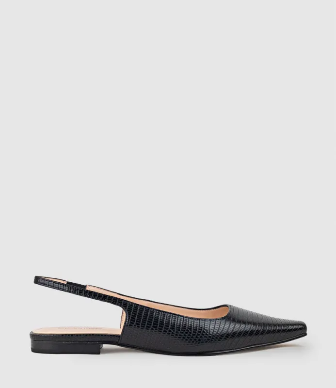 ELIANA Chiselled Slingback in Black Tejus Lizard Print sold by Edward Meller