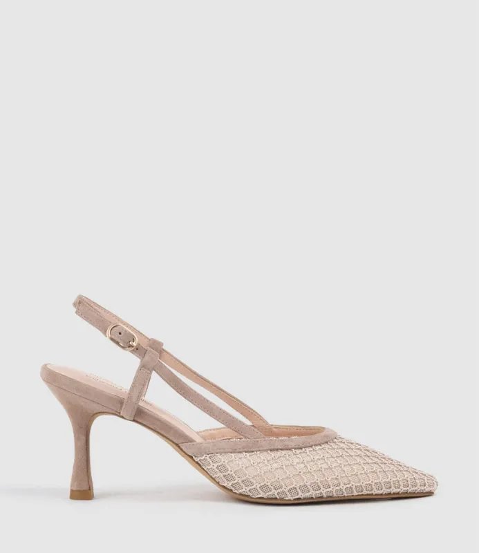 DELILAH75 Mesh Slingback Pump in Nude Suede sold by Edward Meller