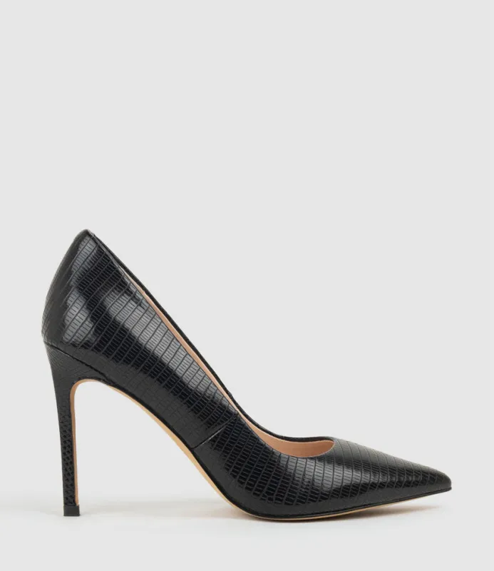 ALLEGRA100 Pointed Stiletto Pump in Black Tejus Lizard Print sold by Edward Meller
