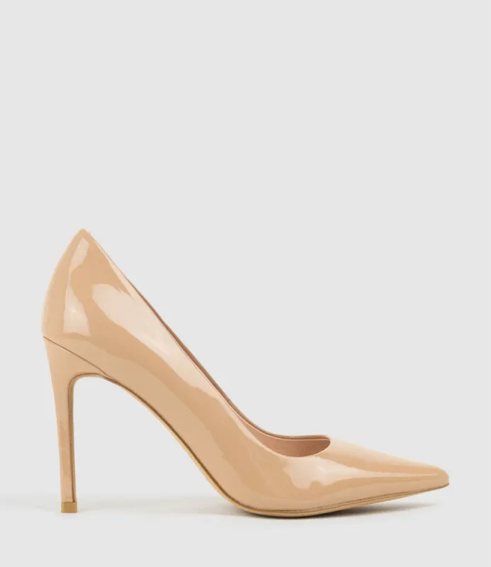 ALLEGRA100 Pointed Stiletto Pump in Nude Patent sold by Edward Meller