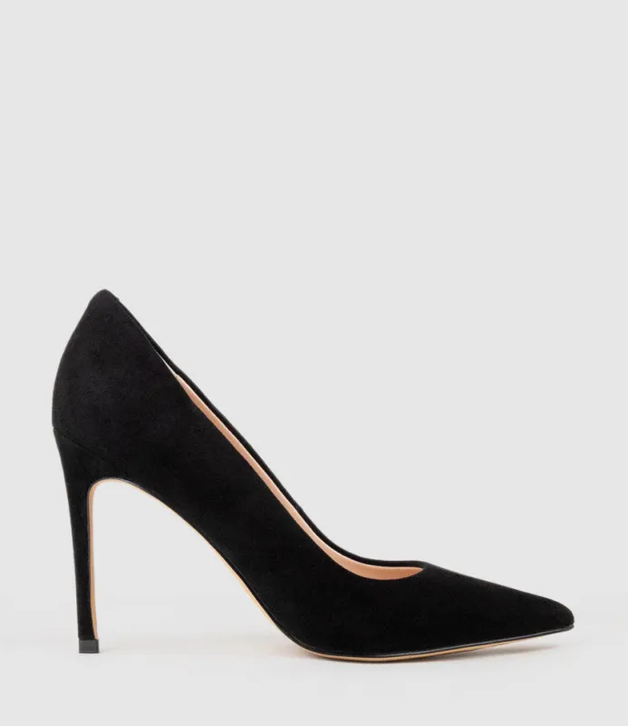 ALLEGRA100 Pointed Stiletto Pump in Black Suede sold by Edward Meller