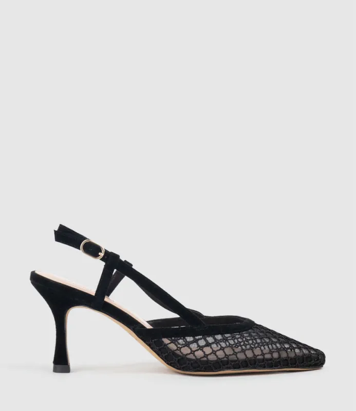 DELILAH75 Mesh Slingback Pump in Black Suede sold by Edward Meller