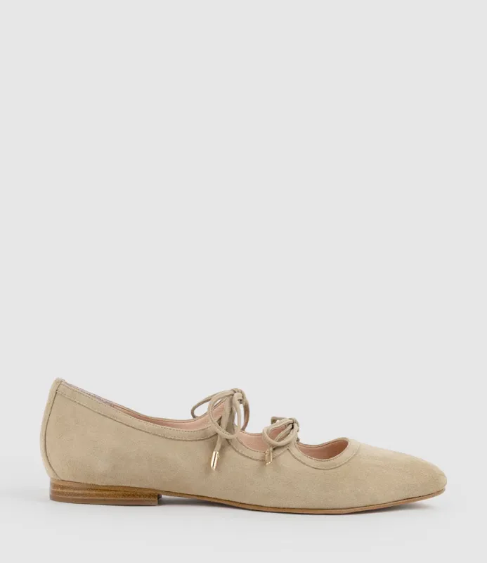 FELIA Tie Up Ballet in Sahara Suede sold by Edward Meller