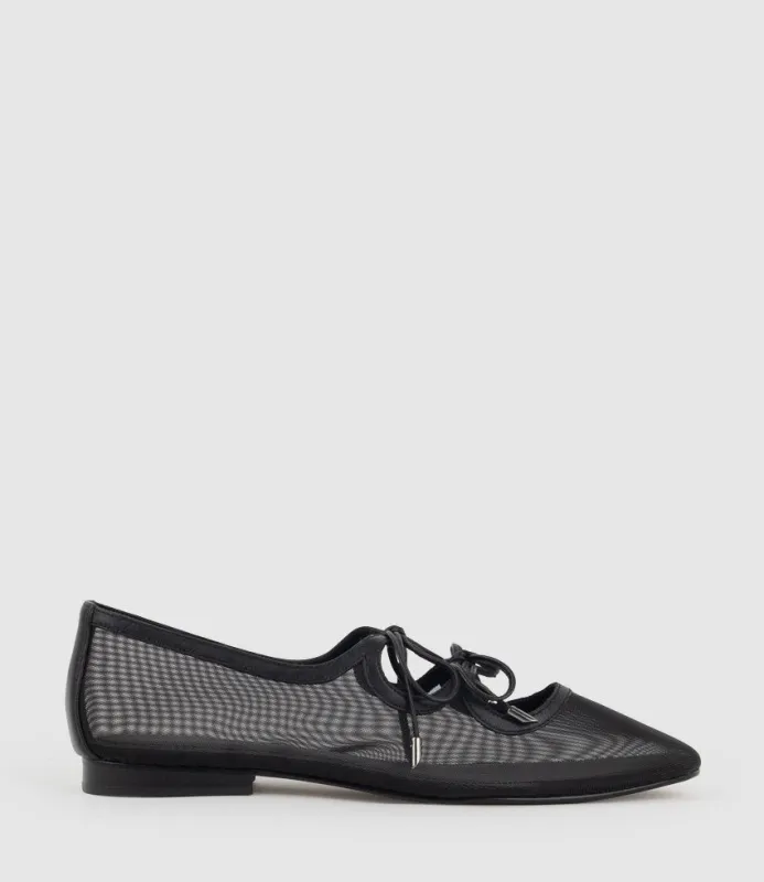 FLORENCE Tie Up Mesh Ballet in Black sold by Edward Meller