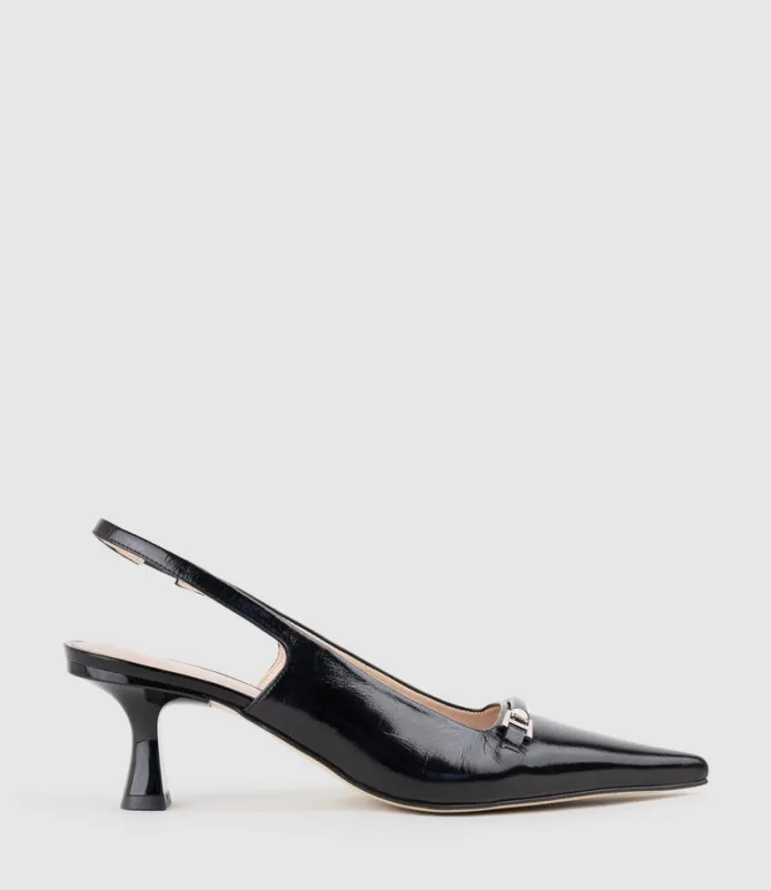 DELTA60 Slingback Pump with Strap in Black Crinkle Patent sold by Edward Meller