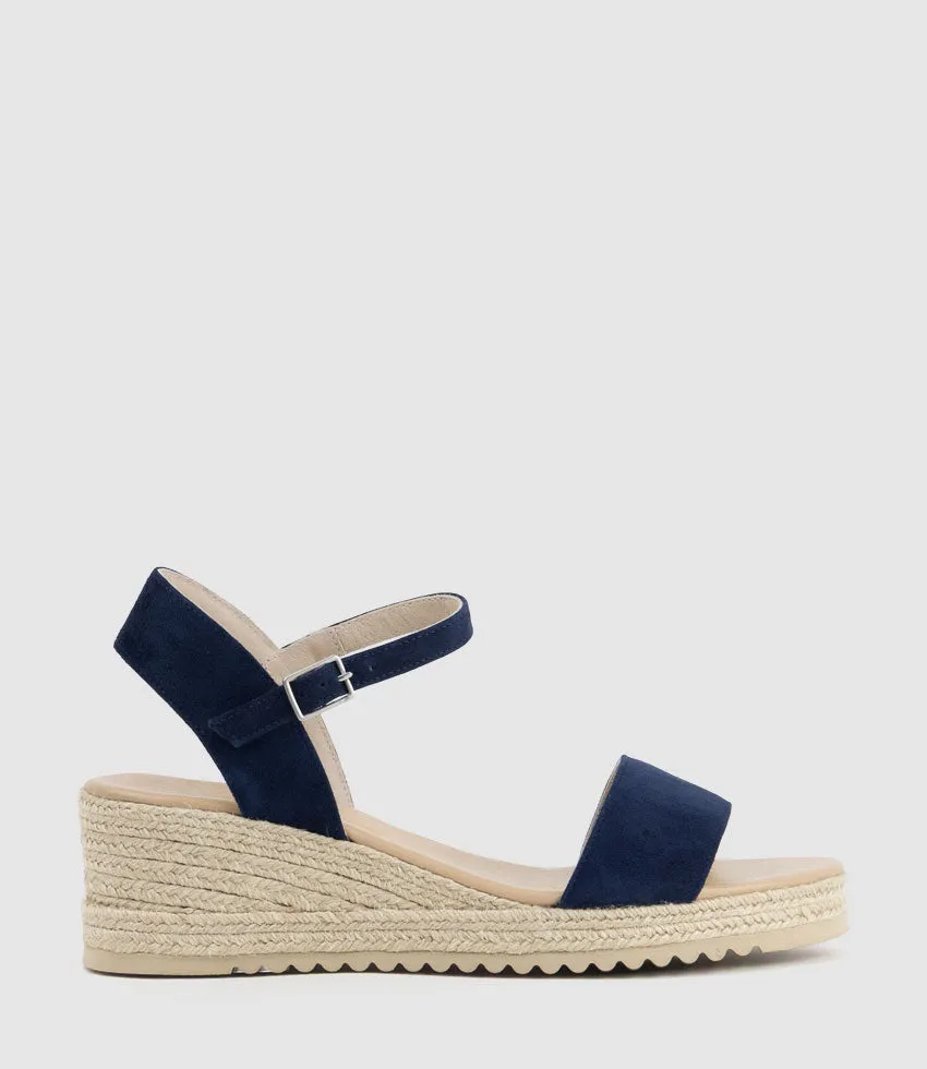 MIARA Single Strap Low Espadrille in Navy Suede sold by Edward Meller